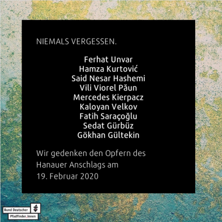 Niemals vergessen. Ferhat Unvar, Gökhan Gültekin, Hamza Kurtović, Said Nesar Hashemi, Mercedes Kierpacz, Sedat Gürbüz, Kaloyan Velkov, Vili Viorel Păun und Fatih Saraçoğlu. Wir gedenken den Opfern des Hanauer Anschlags am 19. Februar 2020.
